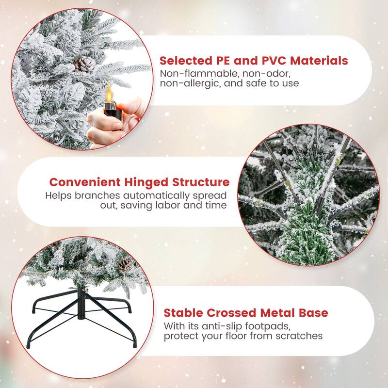 Gymax 7.5 FT Pre-Lit Artificial Christmas Tree Snow-Flocked Hinged