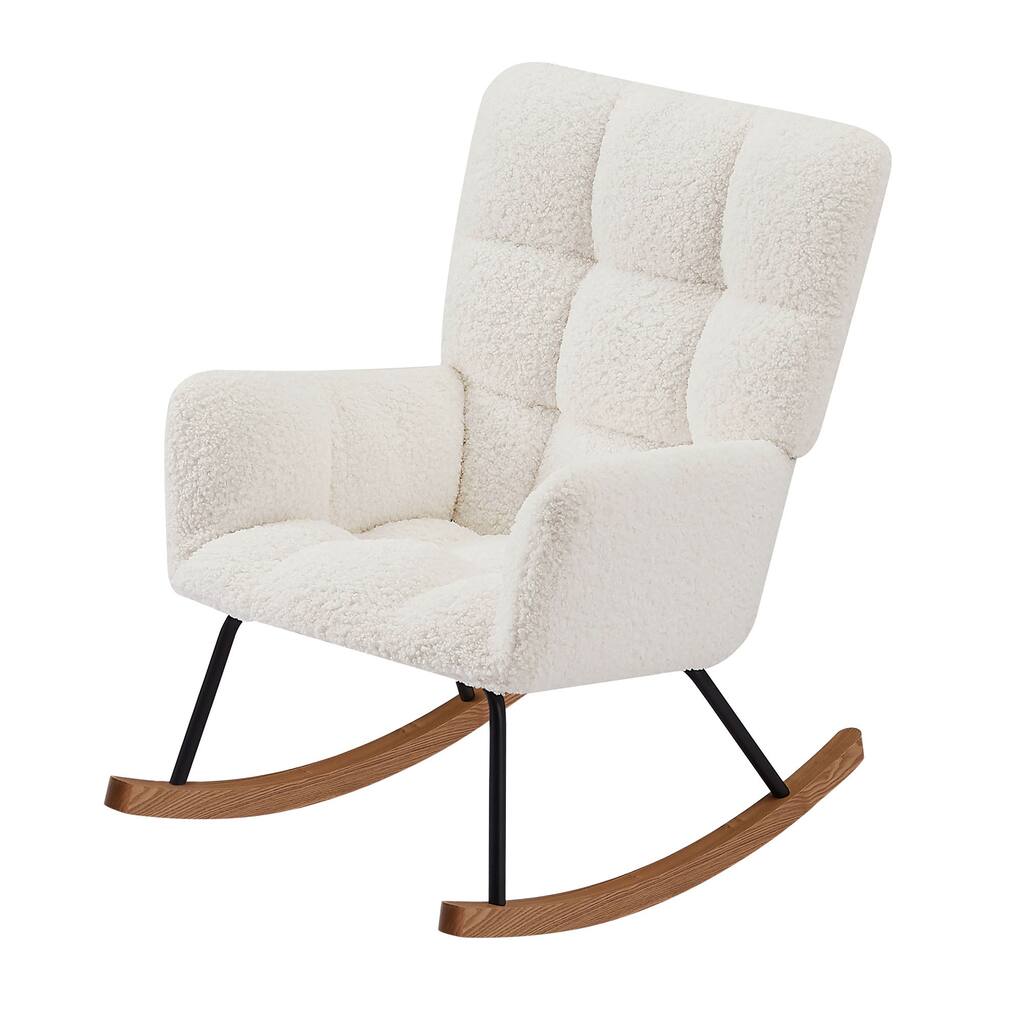 Beige 25.98" High Back Tufted Upholstered Rocking Chair with Solid Wood Legs