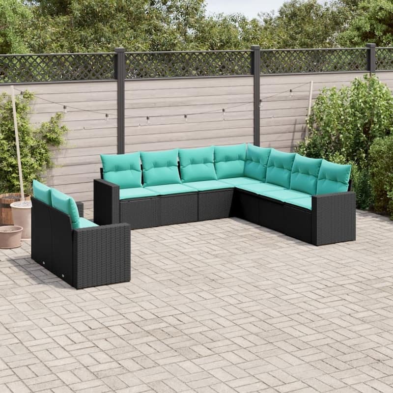 vidaXL 9/10 Piece Patio Sofa Set with Cushions Black Poly Rattan - 24.4" x 24.4" x 27.2" - Black and blue-Without table