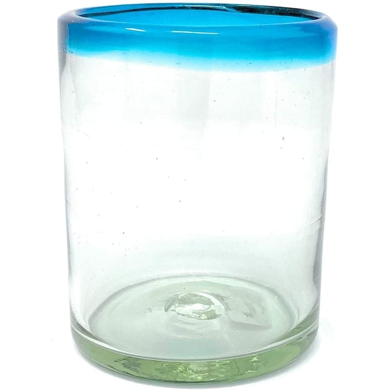 Dos Sueños Hand Blown Mexican Drinking Glasses - Set of 6 Tumbler Glasses with Aqua Blue Rims (10 oz each)