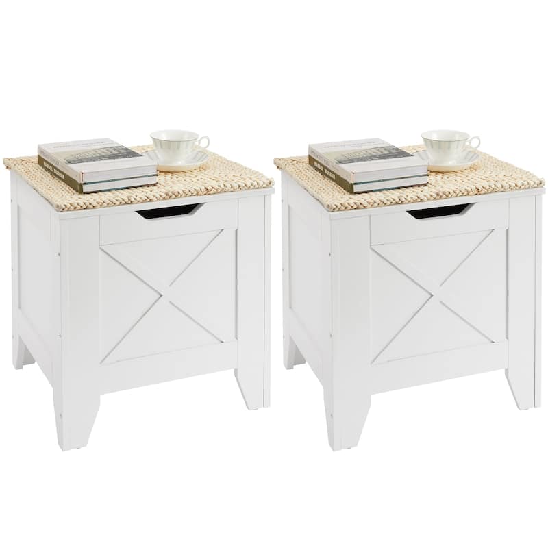 VECELO Storage Bench, Wooden Chest for Storage with Wicker Mat Safety Hinges Entryway Shoe Bench Storage Trunk(Set of 2)