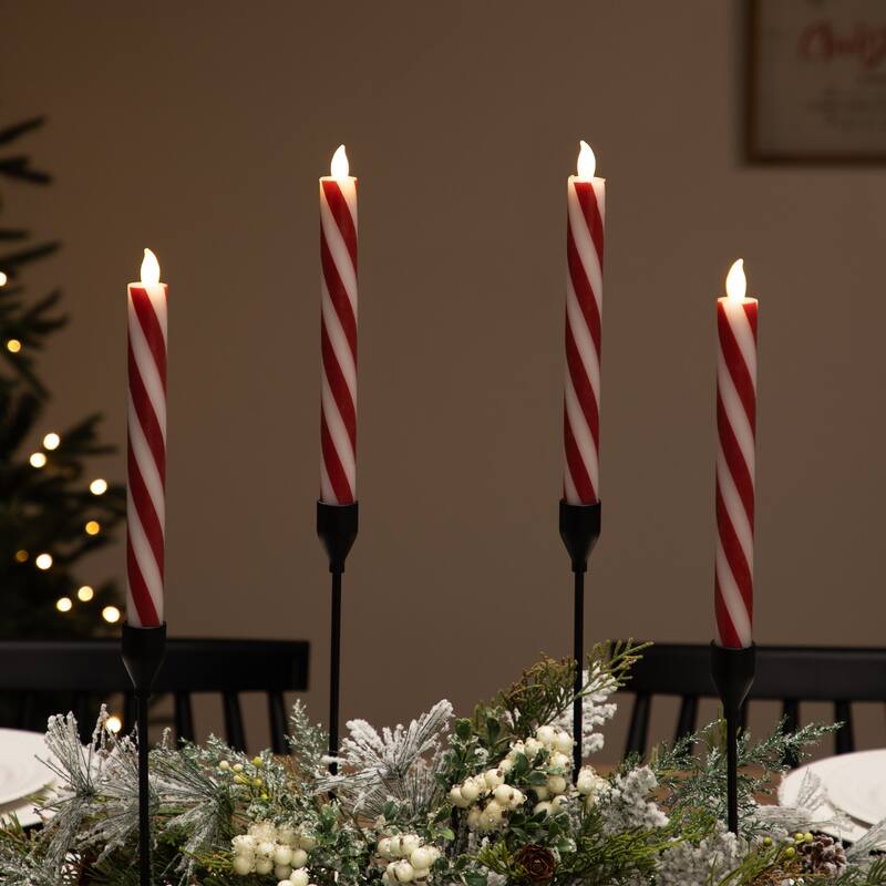 Flickering Candy Cane Striped Flameless Tapered Christmas Candles - 9.5" - Red and White - Set of 4