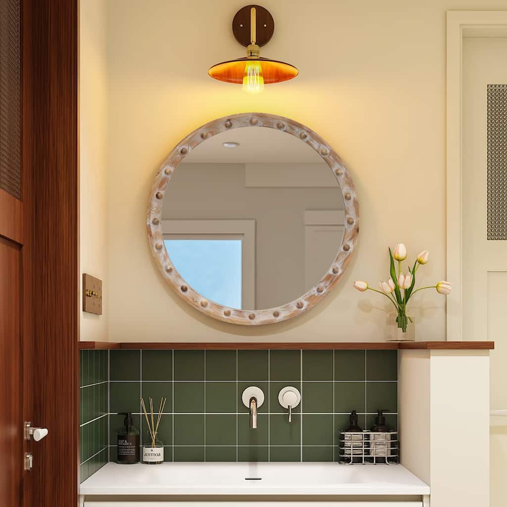 Vintage Rustic Round Wall Mirror (23.62" x 23.62") - Distressed Wood Frame with Rivet Detail, Decorative Hanging Mirror