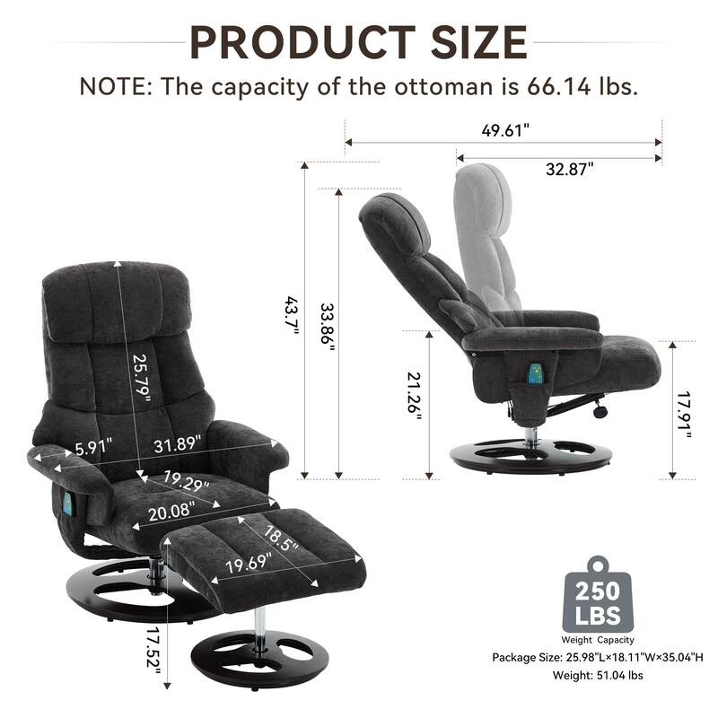 Recliner Chair with Ottoman, Modern 360° Swivel Lounge Chair with Footstool, Chenille Fabric, 5 Point Vibration Massage