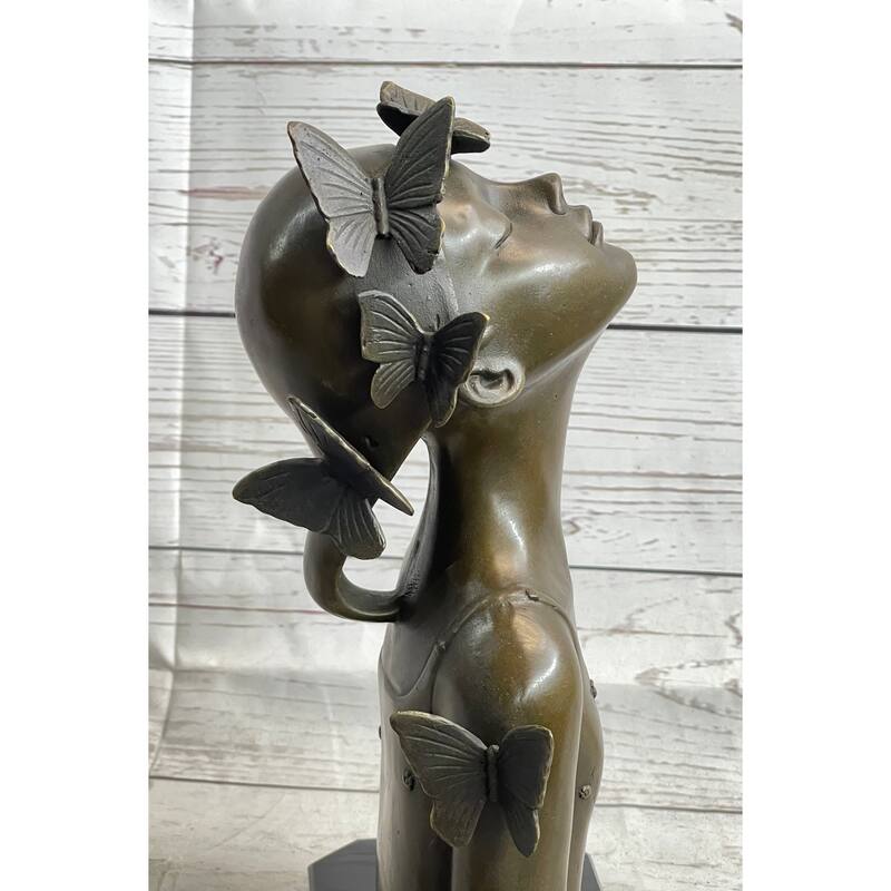 Abstract Bronze Sculpture Of Young Girl With Butterflies - Original Art By Collett
