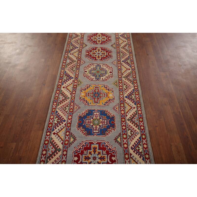 Geometric Kazak Runner Rug Handmade Wool Carpet - 2'7" x 19'4"