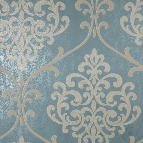 Brewster 2542-20715 Ambrosia Teal Glitter Damask Wallpaper