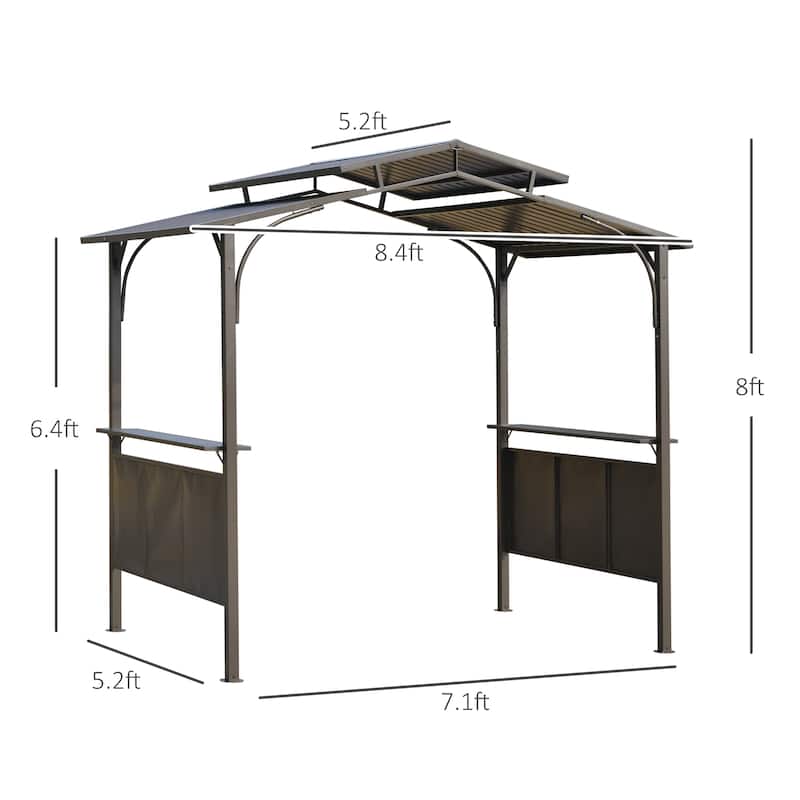Outsunny 8'x5' BBQ Grill Gazebo with 2 Side Shelves, Outdoor Double Tiered Interlaced Polycarbonate Roof with Steel Frame, Brown
