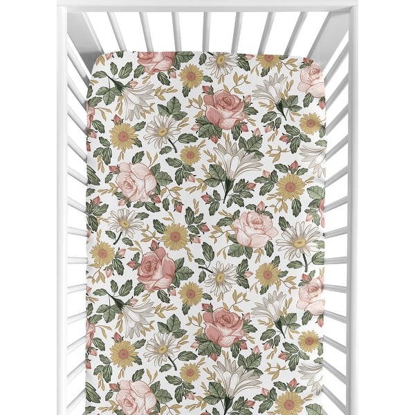 slide 2 of 6, Sweet Jojo Designs Vintage Floral Boho Girl Fitted Crib Sheet - Blush Pink Yellow Green White Shabby Chic Rose Flower Farmhouse