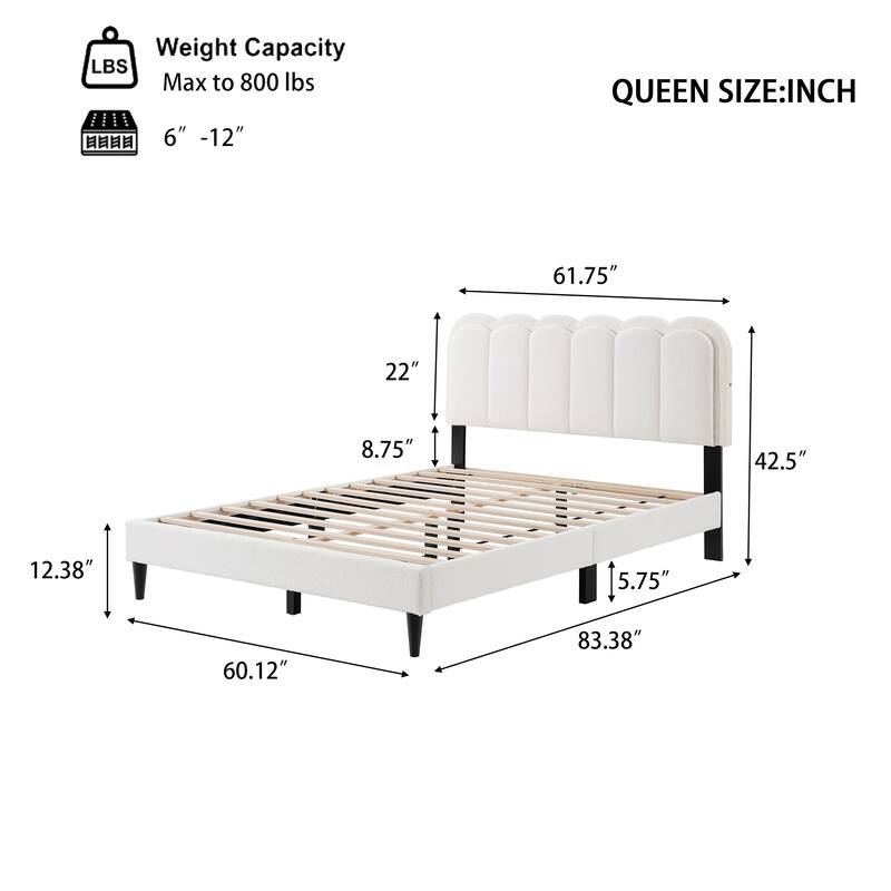 Cream Boucle Petal Headboard Bed Frame with Ambient Light, Full/Queen Soft Upholstered Bedroom Bed