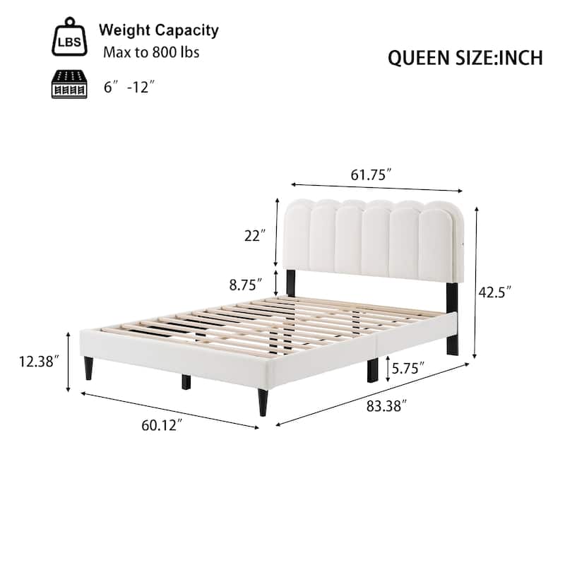 Queen Cream Lambswool Petal Headboard Bed Frame with Ambient Lighting, Silent Design, and Stable Structure
