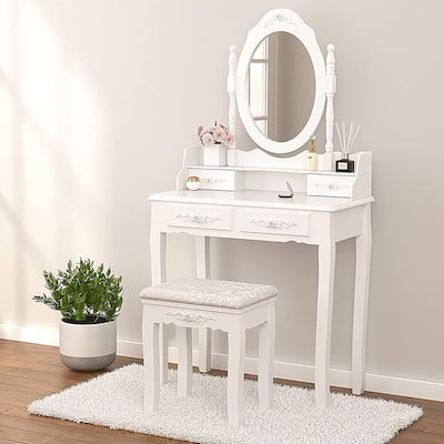 Vanity Table Set with 4 Drawer, Girls Women Bedroom Furniture Set Oval Mirror