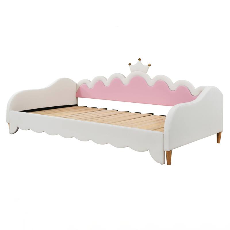 Twin Extending Daybed with LED Lights, Modern Upholstered Princess Daybed With Crown Headboard