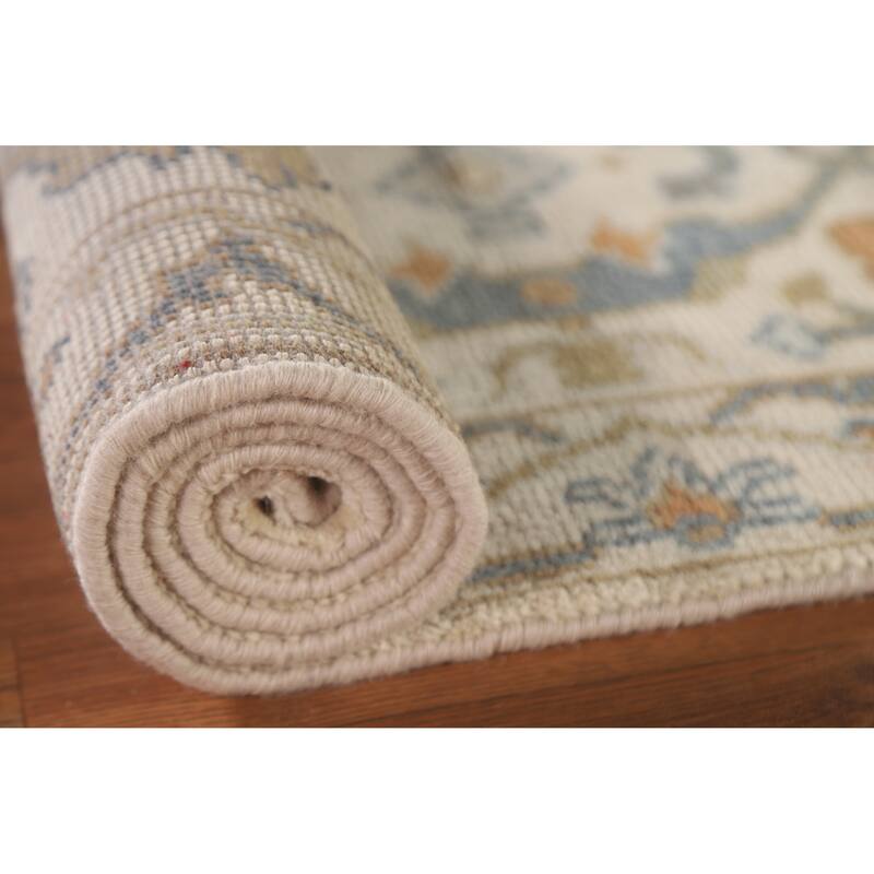 Beige Floral Oushak Runner Rug Hand-knotted Wool Carpet - 2'6"x 9'10"