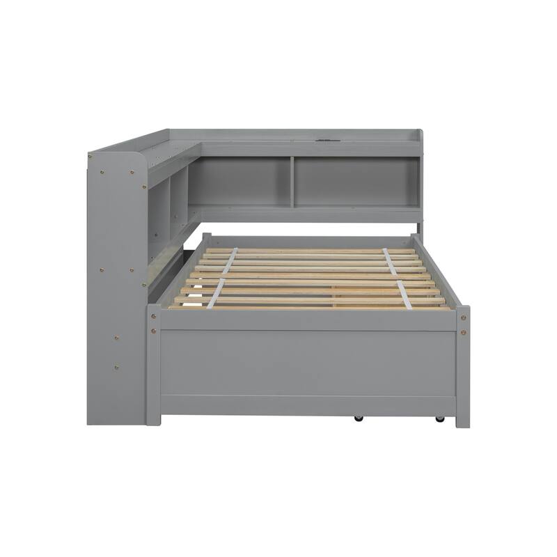 Twin Size L-shaped Bookcases Bed with Power Outlets