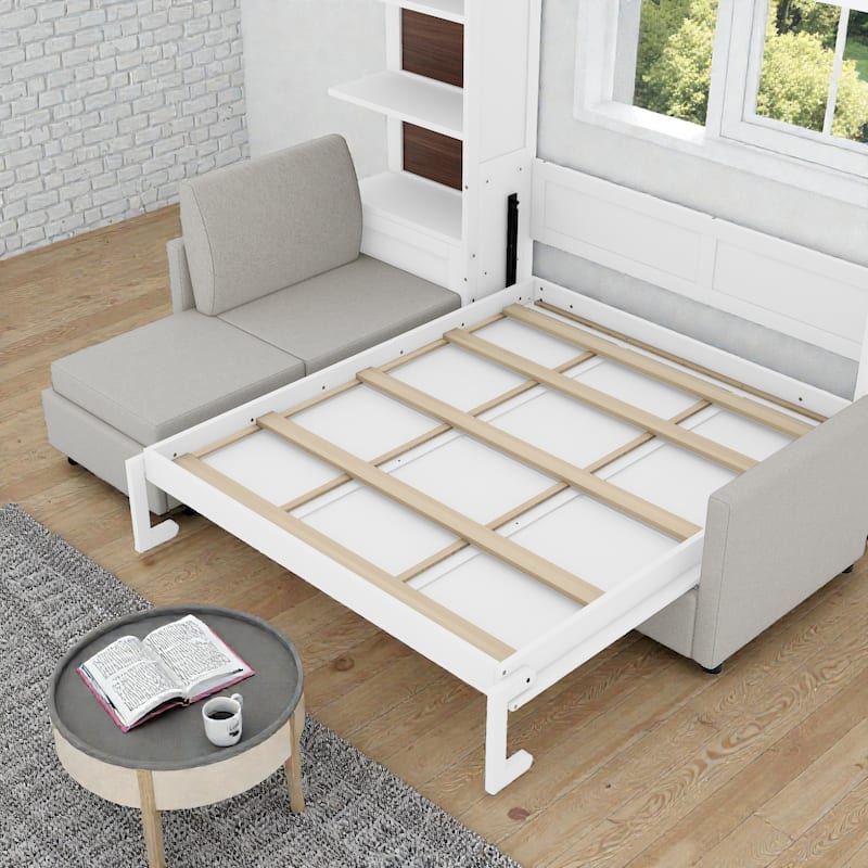 Queen Size Murphy Wall Bed with Sofa and Shelves, Space-Saving Fold Down Bed with Storage, Piston Lift Mechanism