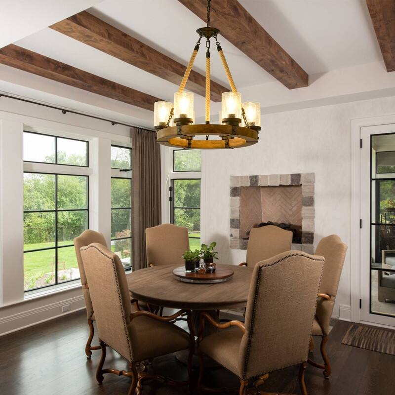 Wood Wagon Wheel Chandelier Farmhouse 6 Light with Seeded Glass Shade - 21.6inch