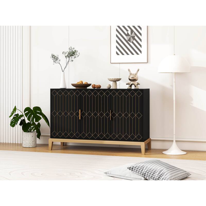 Carved Line 3 Door Storage Cabinet, Sideboard Buffet Cabinet With Adjustable Shelf, Large Storage Accent Cabinet