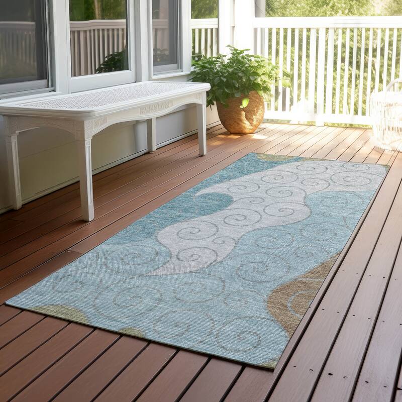 Machine Washable Indoor/ Outdoor Swirly Chantille Rug - Teal - 2'3" x 7'6"