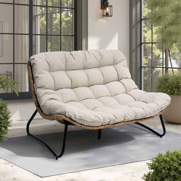 slide 2 of 34, All-Weather PE Rattan Double Papasan Chair Loveseat with Soft Cushion for Indoor Outdoor