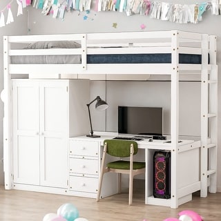 Multi-Functional Design Twin Size Loft Bed with Wardrobe, Desk and Storage Drawers, Sturdy construction, Space-saving, White
