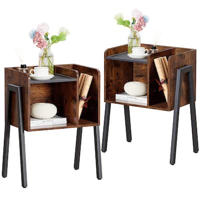VECELO Set of 2 Industrial Nightstands with Storage Shelves,Brown