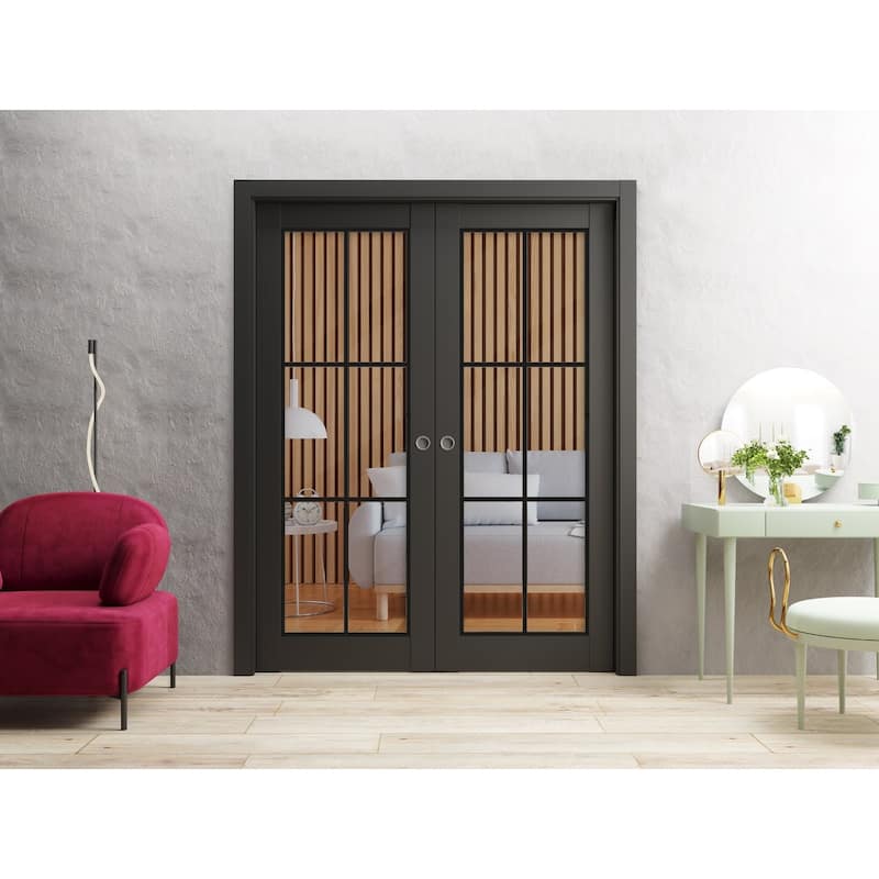 French Double Pocket Doors 36x80 Lucia 2366 Matte Black Kit Trims Rail