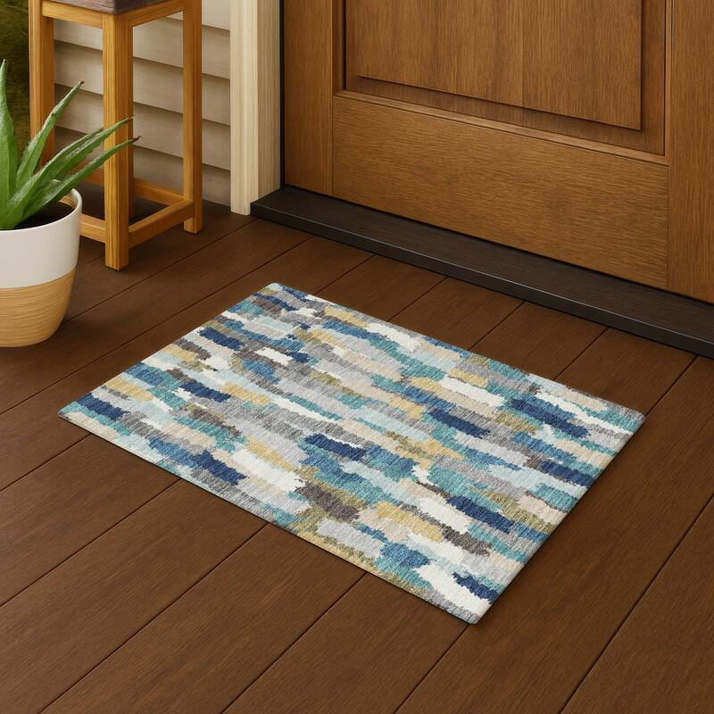 Machine Washable Indoor/ Outdoor Contemporary Stacks Chantille Rug - Teal - 1'8" x 2'6"