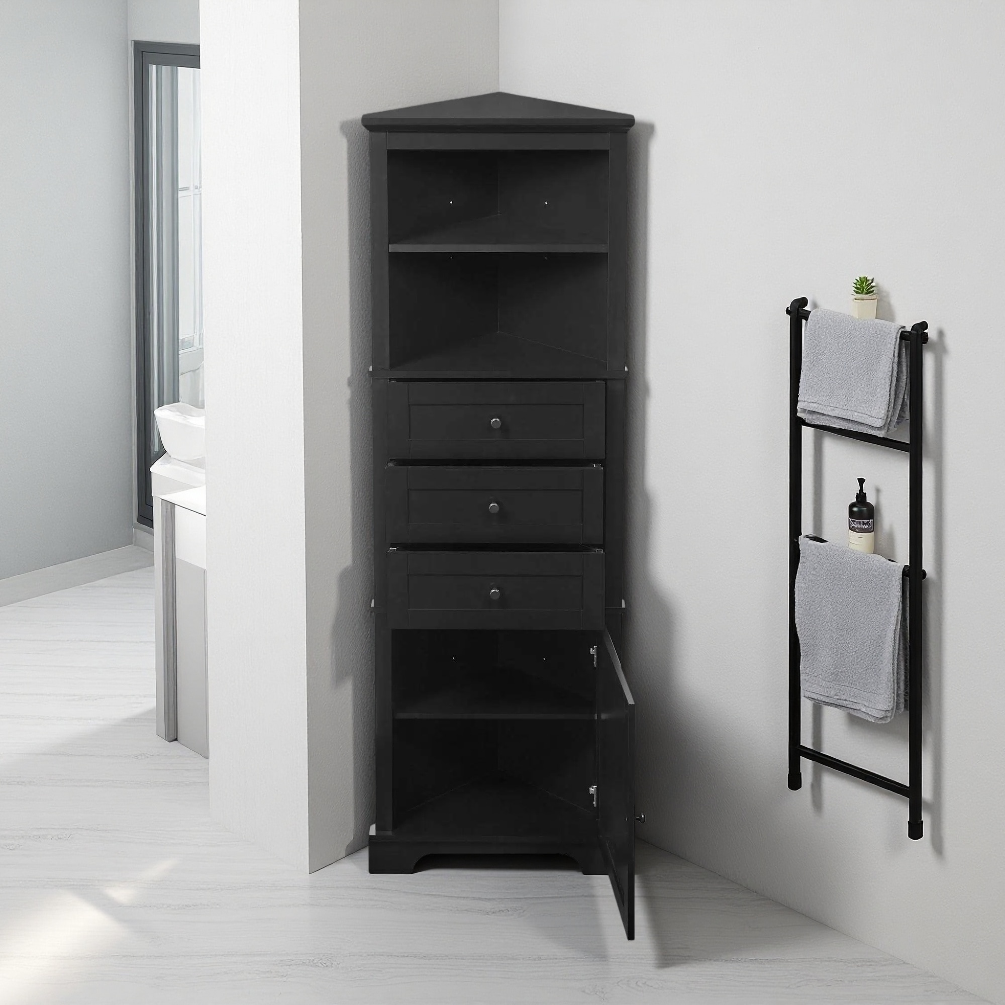 69"H Triangle Tall Cabinet with 3 Drawers and Adjustable Shelves for Bathroom, Kitchen, MDF Board with Painted Finish