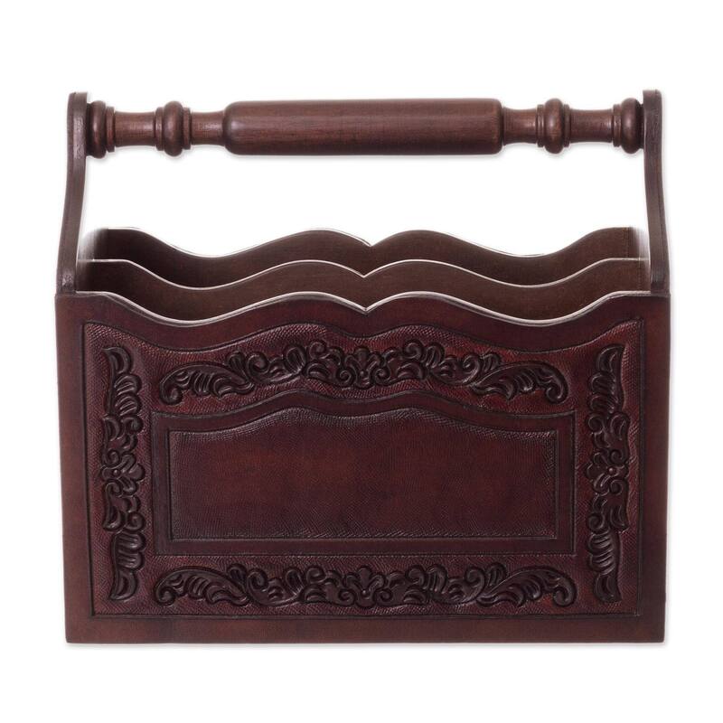 Handmade Colonial Reader Leather And Wood Magazine Holder (Peru) - 8.75" H x 9.75" W x 6.25" D