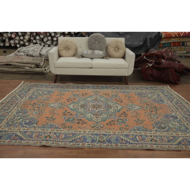 Hand Knotted Oriental 100% Wool Carpet Traditional Floral Oranges & Rust Tabriz Area Rug - 9' 7'' X 6' 8''