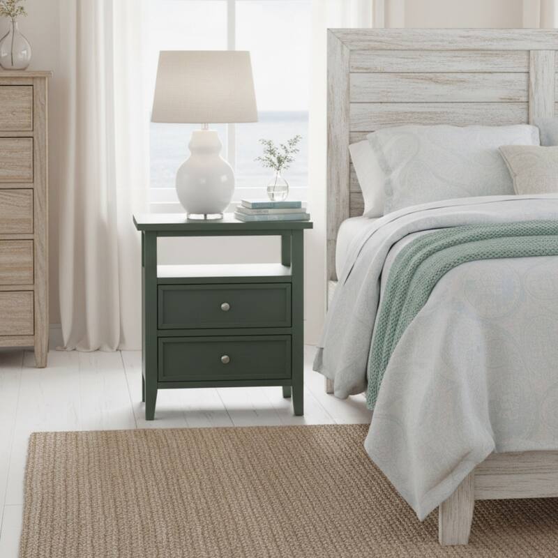 2- Drawer Nightstand with Nickel Knobs and Open Shelf Solid Wood Construction - Antique Green
