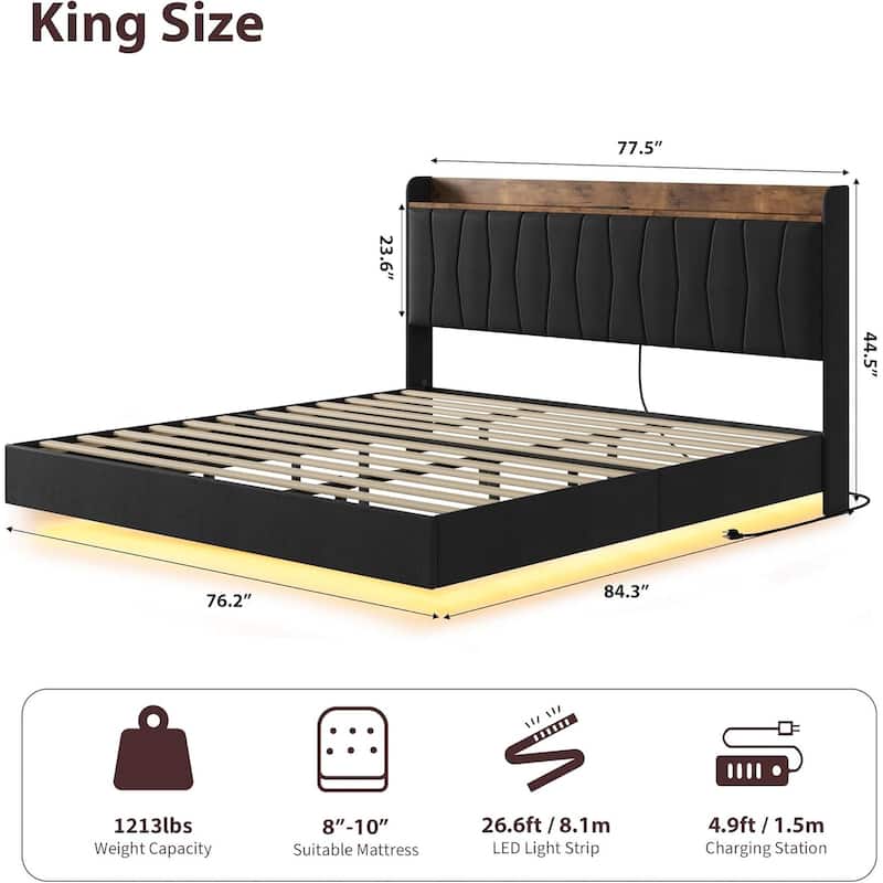 Floating Upholstered Bed Frame with LED Lights, USB Charging Station, Solid Slats, Easy Assembly