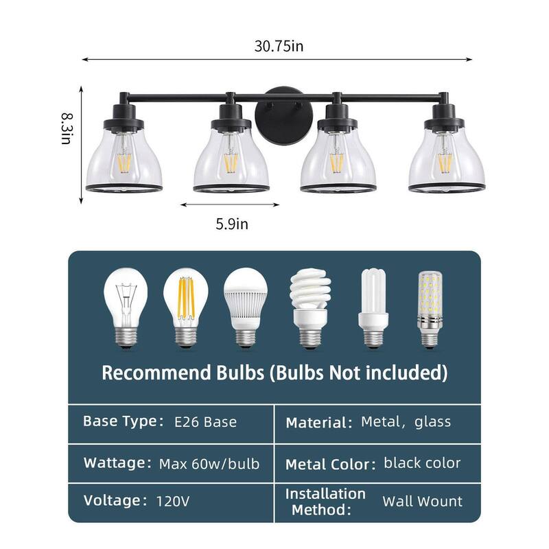Hermosa Black 4-Light Bathroom Vanity Light