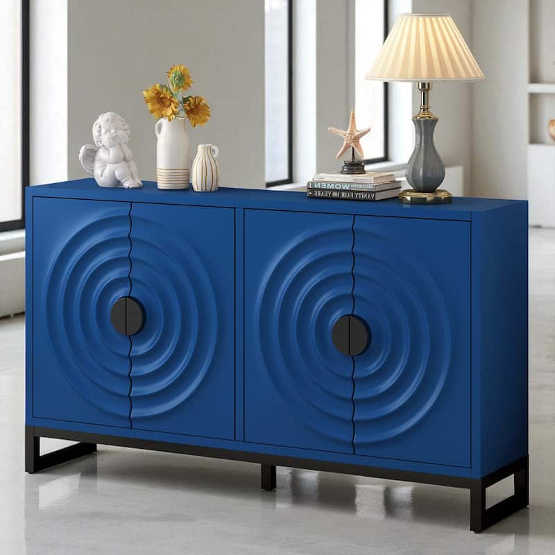 58" Storage Sideboard Cabinet with Water Wave Doors, Adjustable Shelves, Iron Legs and Handles for Entry or Study