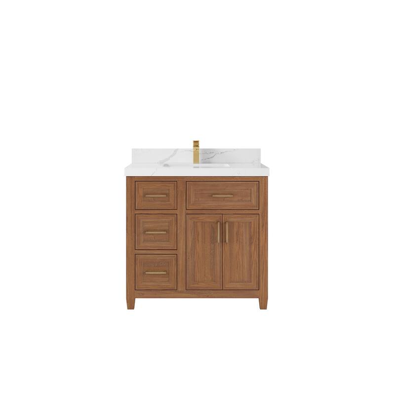 Willow Collections 36 in. W x 22 in. D Santa Monica Teak Bathroom Vanity Center with Countertop - 2”Calacatta Laza - Dark Natural Teak