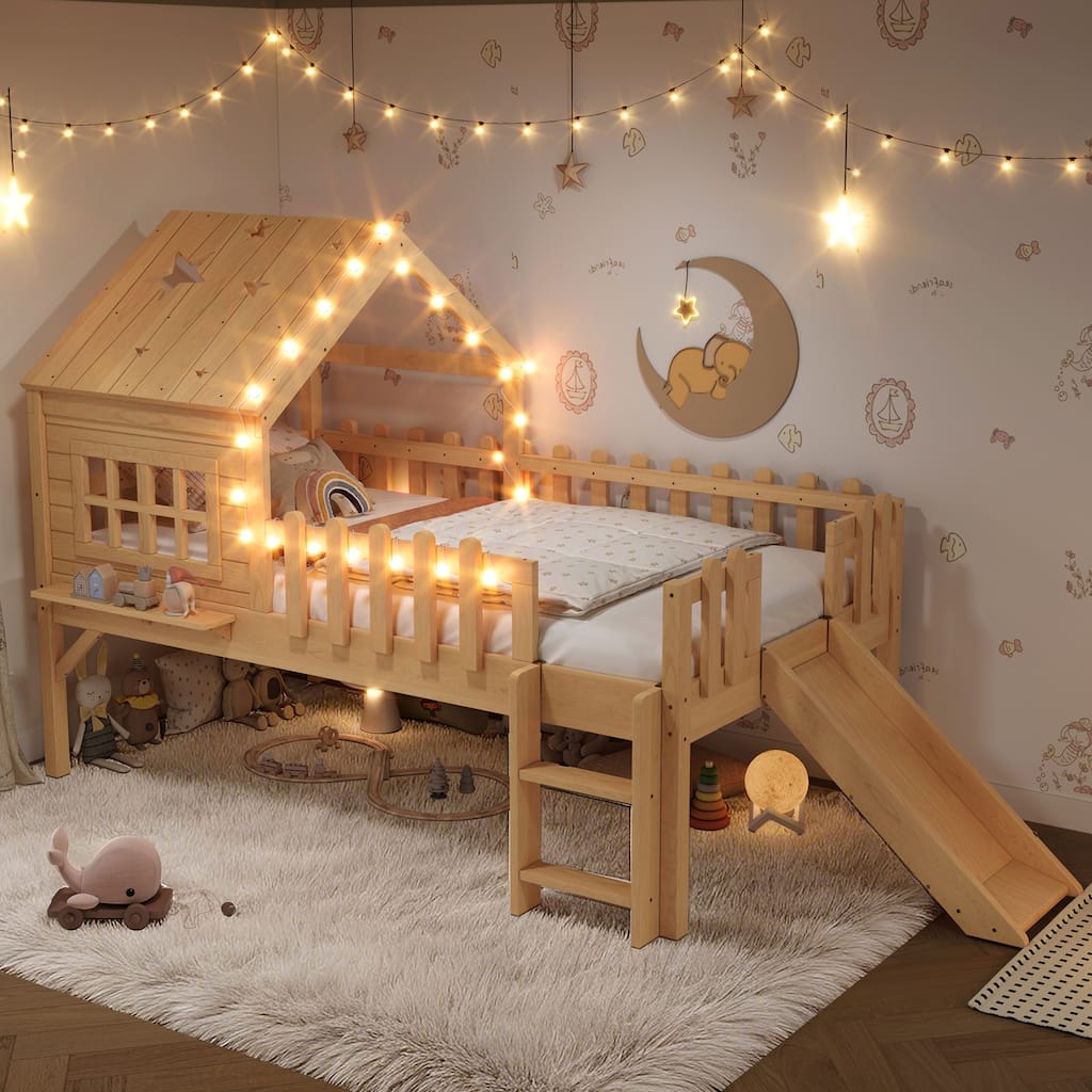 House Loft Bed with Slide and LED Lights, Kids Playhouse Bed with Star & Moon Cutout Roof and Window, Low Loft Bed