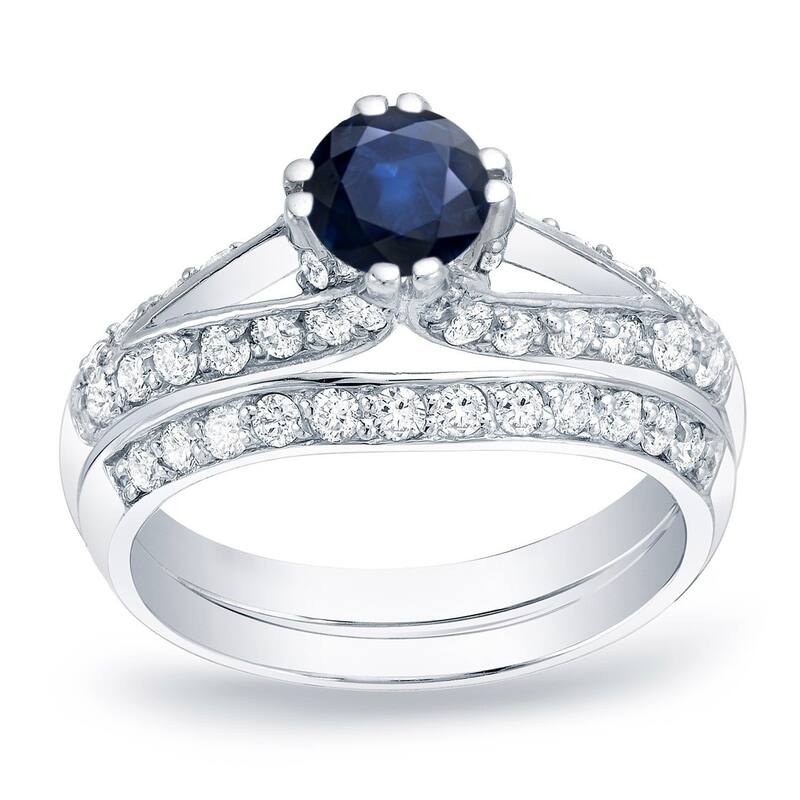 Auriya 14k Gold 1/2ct Blue Sapphire and 3/4ctw Diamond Engagement Ring Set - White - 4