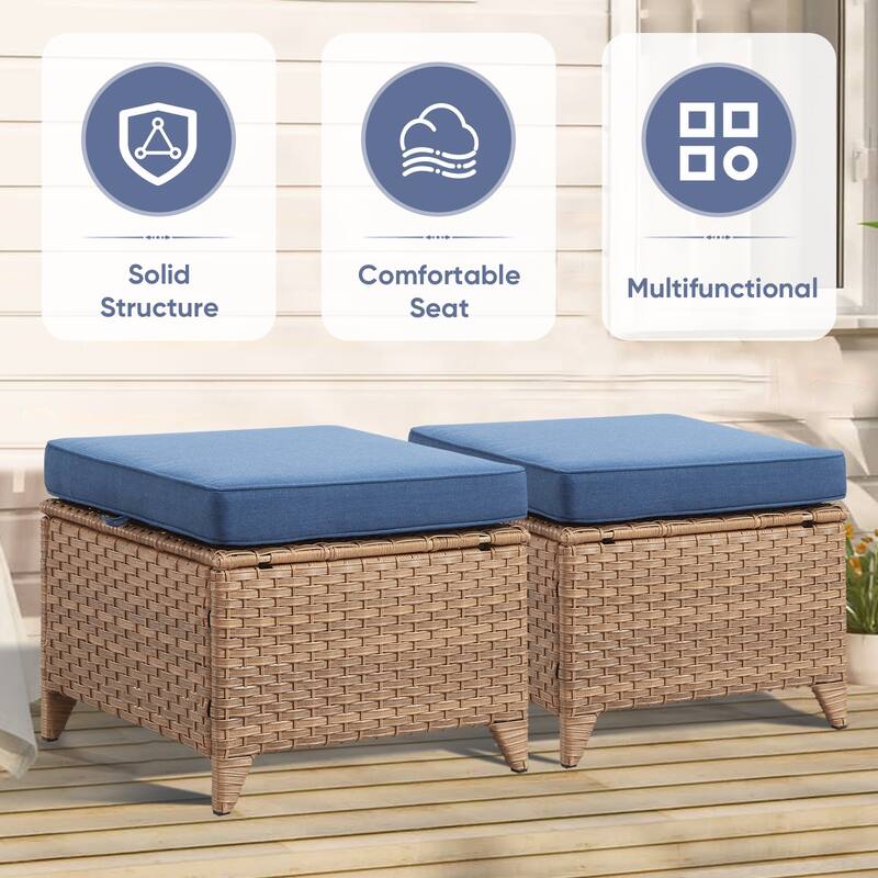 Gymojoy Outdoor Durable Wicker Ottomans with Olefin Cushions