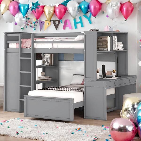 slide 2 of 9, Full size Loft Bed With Twin Size Stand-alone Bed,Shelves,Desk And Wardrobe Grey