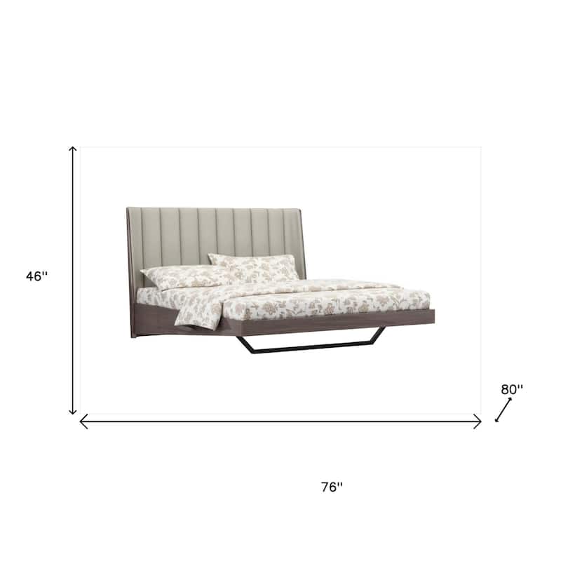 HomeRoots King Grey Upholstered Faux Leather and Ivory Gloss Bed Frame