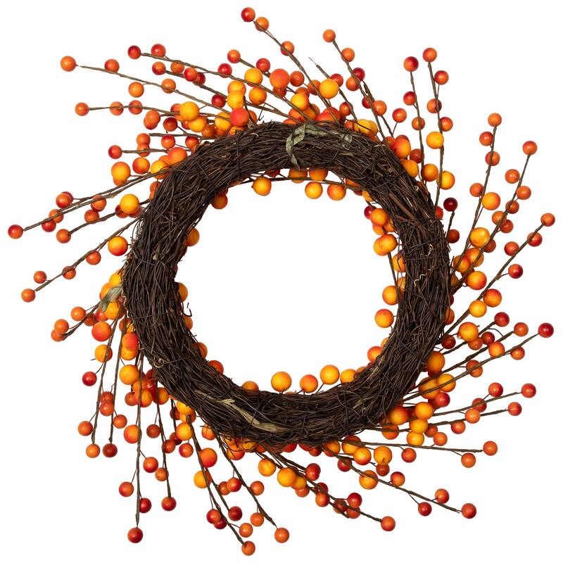 14" Orange Red Berry Artifical Fall Harvest Twig Wreath, 14", Unlit