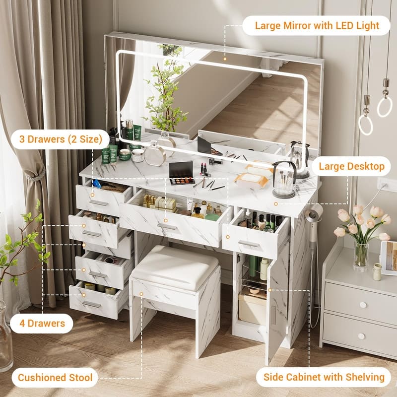Makeup Vanity Table with Mirror, 7 Drawers, Charging Station, Holder, Stool