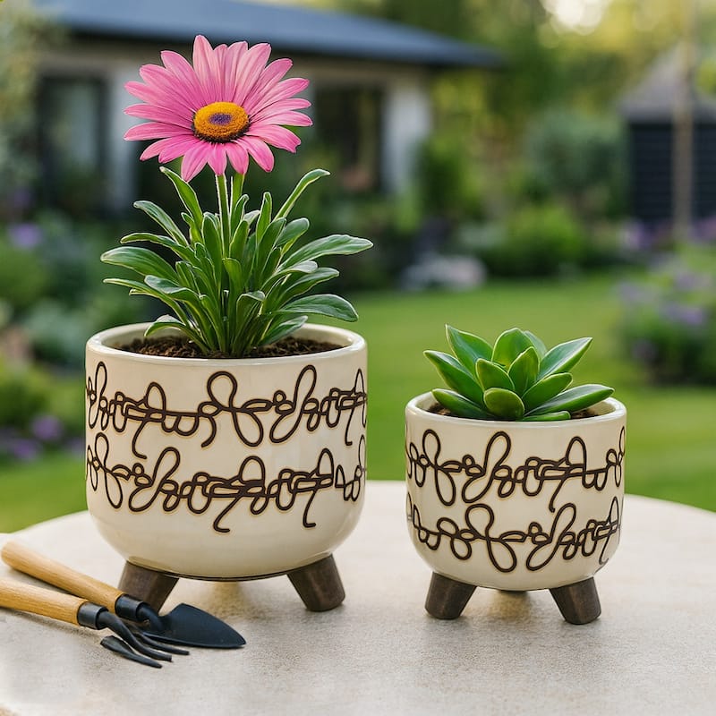 Ceramic Footed Round Planter - Set of 2