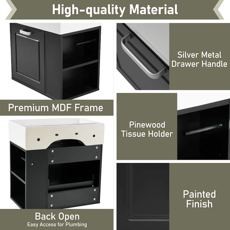 21.8" Floating Bathroom Vanity Cabinet with Ceramic Sink & Toilet Paper Holder for Small Space