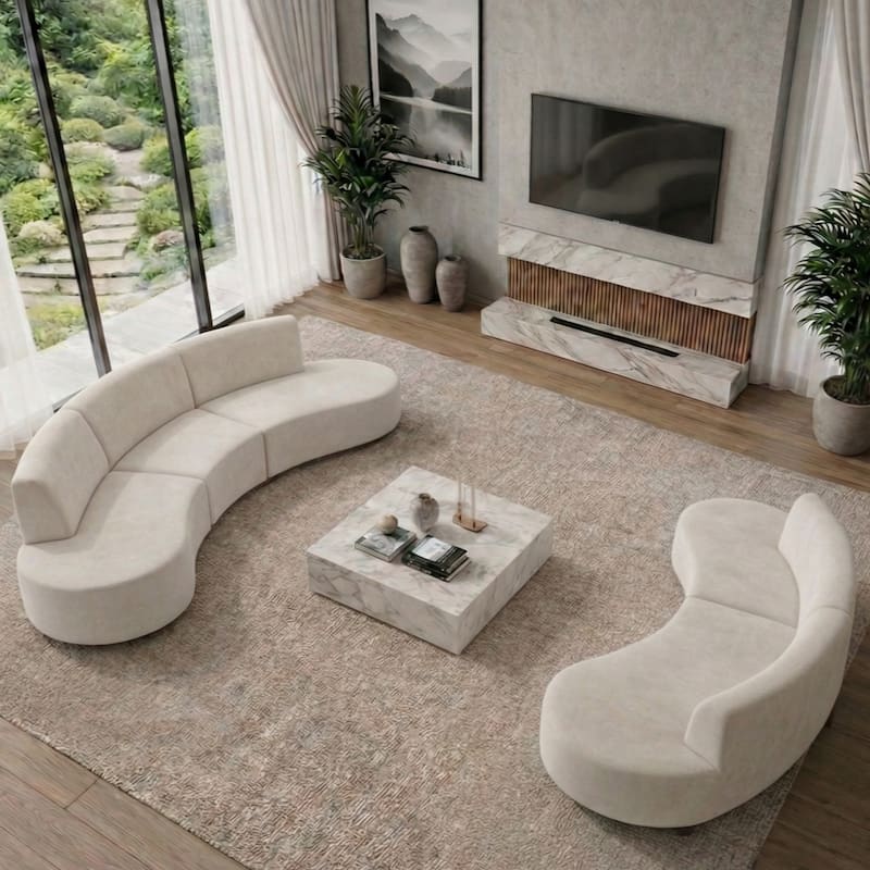 Christopher Knight Home - Mid Century Modern Chenille 5-Piece Upholstered Sectional Sofa Set - Beige+Walnut