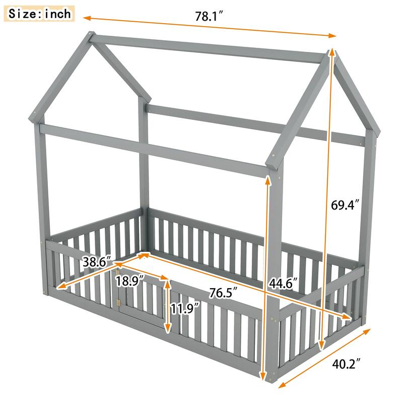 Twin Size House-Shaped Floor Bed Frame, Distressed Washed Wood Bed Frame with Fence and Door, Semi-Enclosed Design