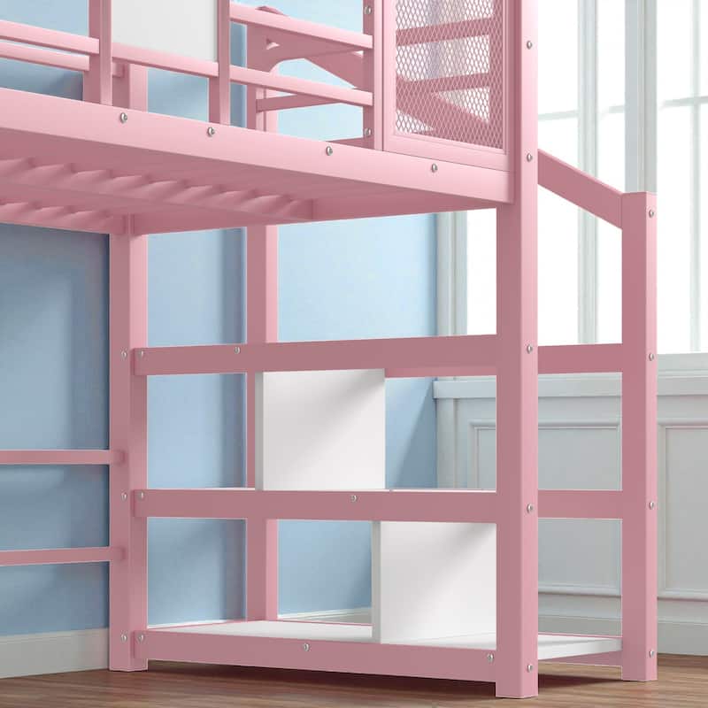 Twin/Full Metal House Loft Bed with Slide and Stairs, Kids Playhouse Bed with Roof, Storage Shelves & Guardrails