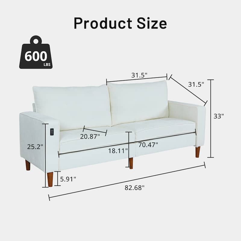 Modern 82 in. Square Arm Chenille Upholstered Rectangle Loveseat Sofa with USB Ports