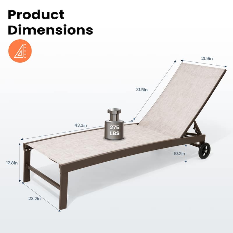 Outdoor Aluminum Adjustable Patio Chaise Lounge Chair Recliner with Wheels